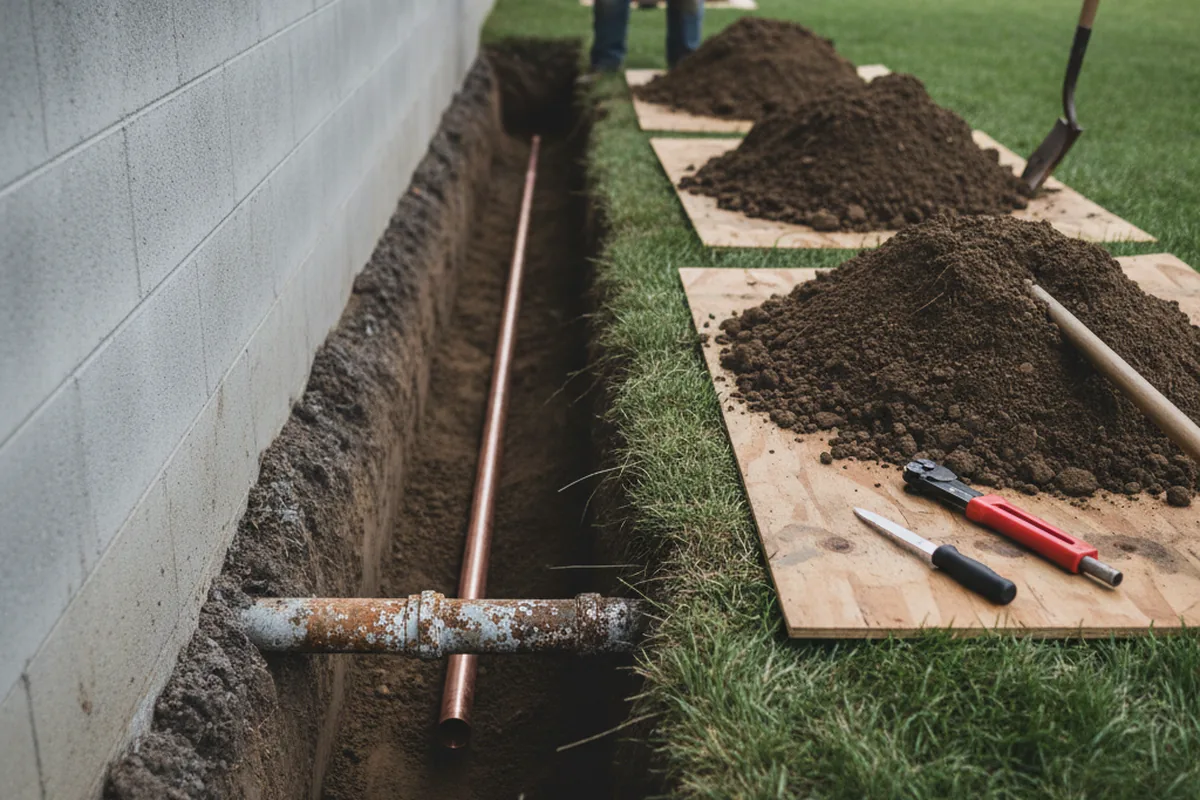Excavated water line trench during Water Softener Installation in Custer